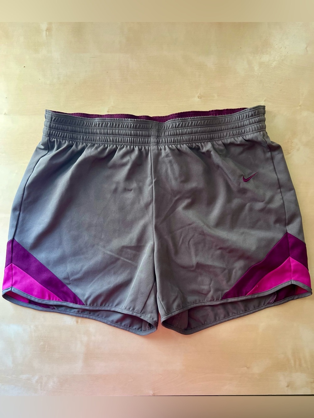 Nike Women’s Dri-Fit Gray Athletic Shorts with Magenta Burgundy Accents Medium